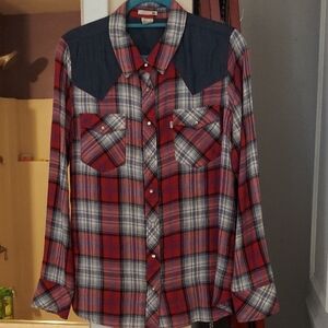 Levis Red Plaid Chambray Shoulder Cowgirl Western Pearl Snap Top Sz XL